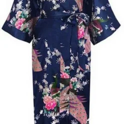 KIMU® Lange Kimono Donkerblauw Satijn - Maat M-L - Ochtendjas Kamerjas Yukata Maxi