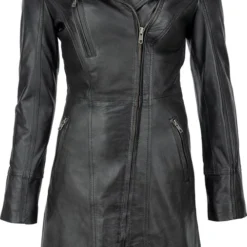 Urban 5884® - Janice - Dames - Lange Leren Jas - Lamsleer - Schuine Ritssluiting - Zwart - Maat 4XL