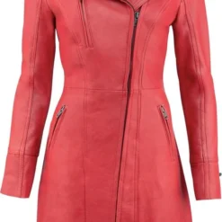 Urban 5884® - Janice - Dames - Lange Leren Jas - Lamsleer - Schuine Ritssluiting - Rood - Maat 2XL