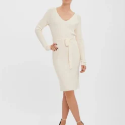 Vero Moda VMGOLD RIB LS SHORT V-NCK BELT DRESS REP Dames Jurk Birch - Maat S