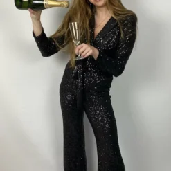 World Trade Fashion Jumpsuit - Glitter Jumpsuit - Feestkleding - Glitter - Zwarte Jumpsuit - Gala Kleding - Pailletten Jumpsuit - Zwarte Pailletten Paknieuwsjaarskleding - Kerstkleding - One Size (t/m Maat 40)
